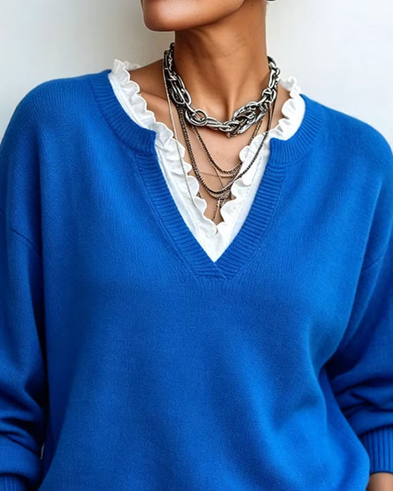 Pullover Faux Zweiteilig V-Ausschnitt Spitzenbesatz