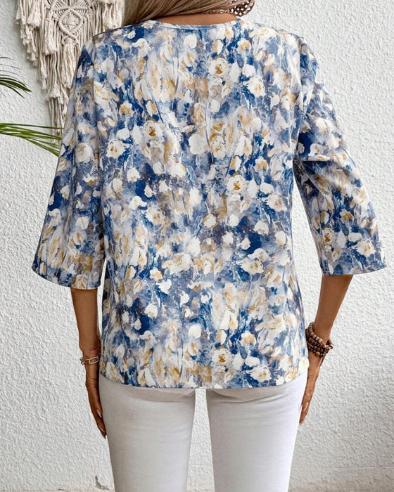 Bluse V-Ausschnitt Dreiviertelarm Blumenmuster