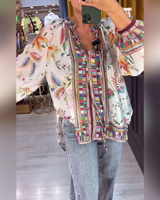 Bluse Sexy V-Ausschnitt Mode-Print