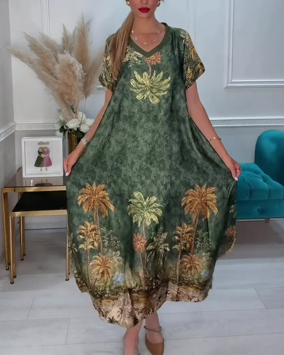Kleid V-Ausschnitt Palmenbaum Druck Kurzarm Lang