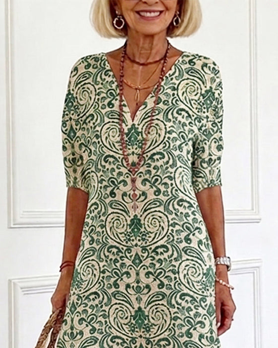 Kleid Vintage Blumenmuster V-Ausschnitt Maxi