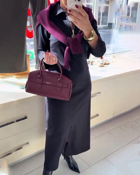 Kleid Revers Schlitz Reißverschluss Langarm