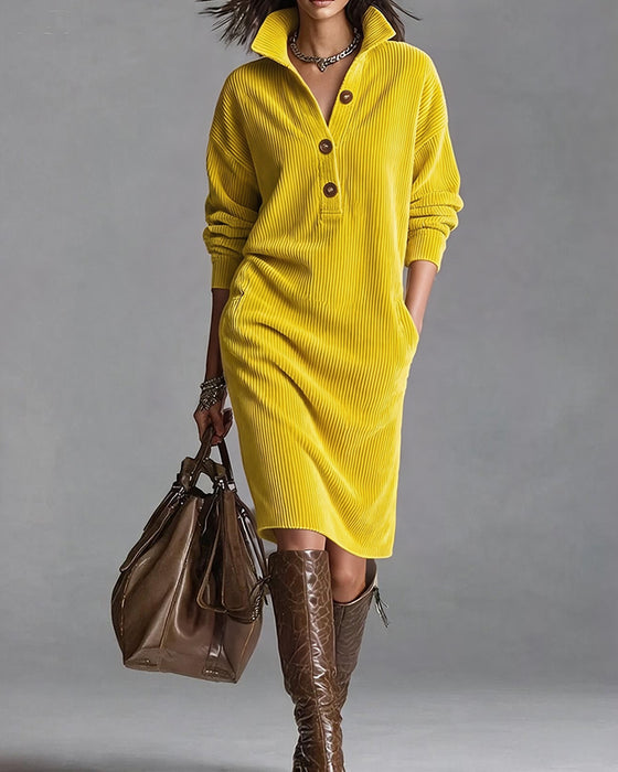 Kleid Kragen Knopf Tasche Gestreift