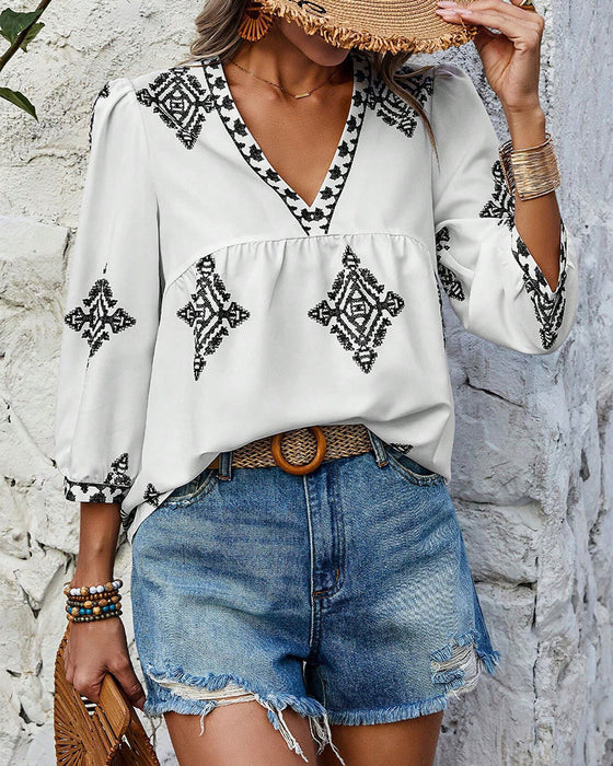 Bluse mit V-Ausschnitt Diamantmuster Dreiviertelärmel