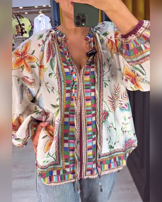 Bluse Sexy V-Ausschnitt Mode-Print