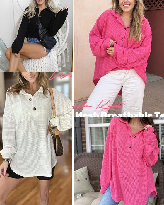 Bluse Unifarben Knopf-Leiste Locker Revers