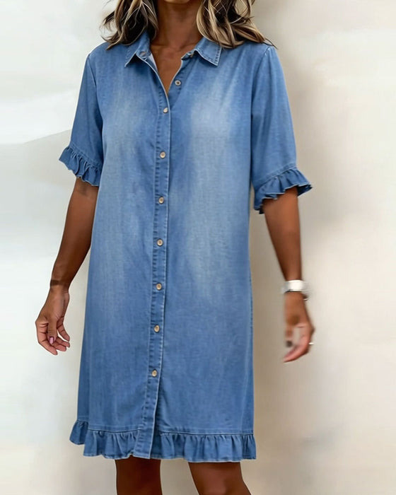 Denim-Rüschen-Hemdkleid