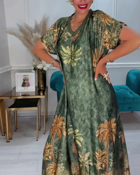 Kleid V-Ausschnitt Palmenbaum Druck Kurzarm Lang