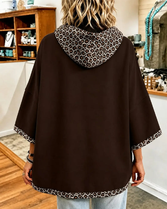 Hoodie Leopardenprint Patchwork Mit Kapuze 3/4 Ärmel