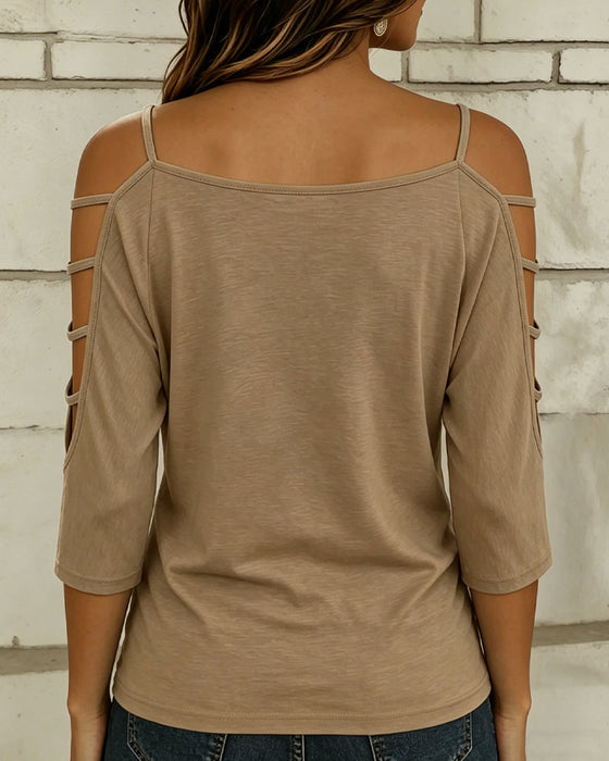 T-Shirt Uni Farbe Ellenbogenlang Ärmel Off-Shoulder