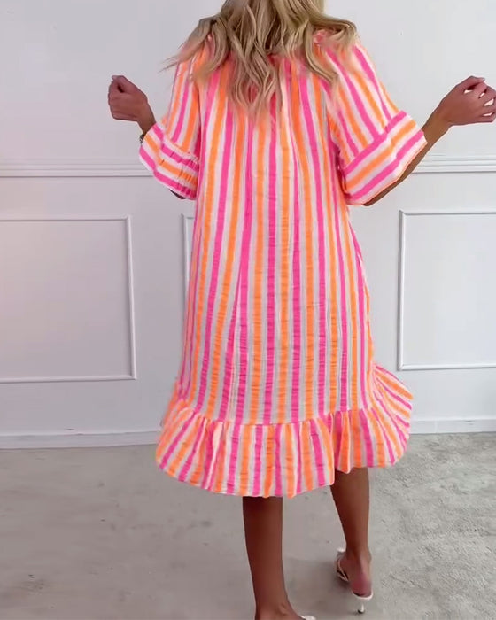 Kleid Rundhals gestreift plissiertes Shiftkleid