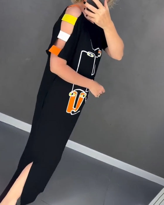 Kleid Schulterfrei Hohlauschnitt Druck Schlitz