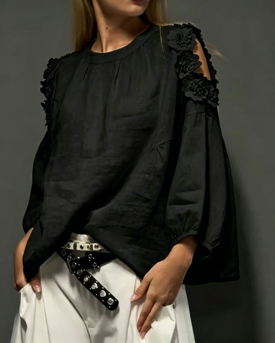 Blusen Rundhals Ausschnitt Off-Shoulder 3D Blumig