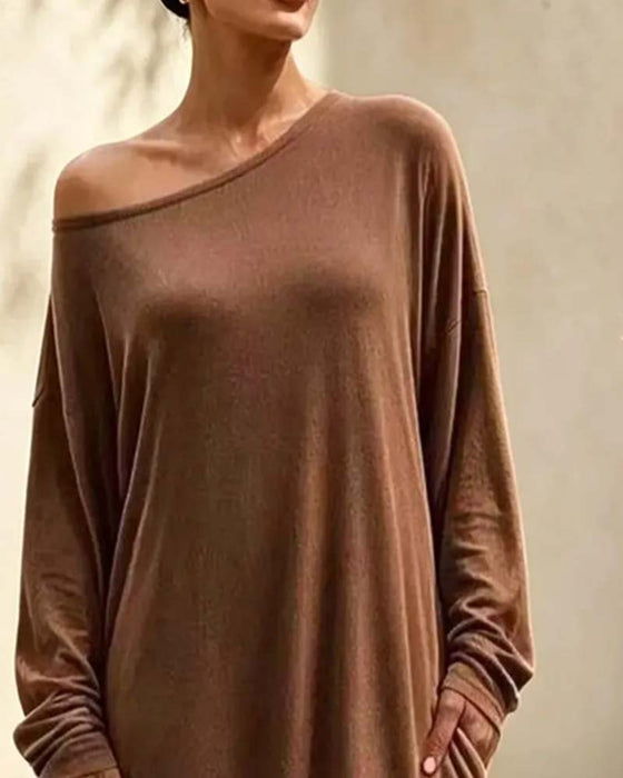 Kleid Asymmetrisch Off-Shoulder Langarm Tasche Maxi