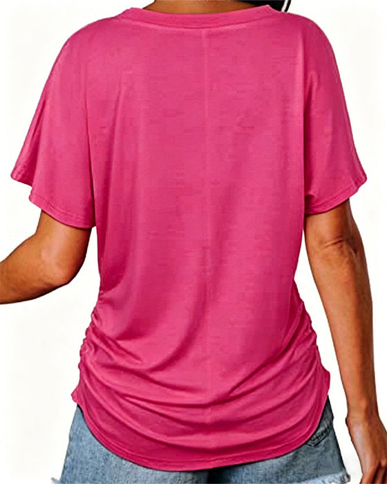T-Shirt Plissiert Einfarbig V-Ausschnitt