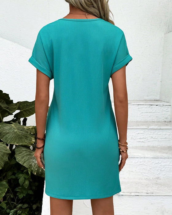 Kleid V-Ausschnitt Unifarben Drei Knöpfe Kurzarm