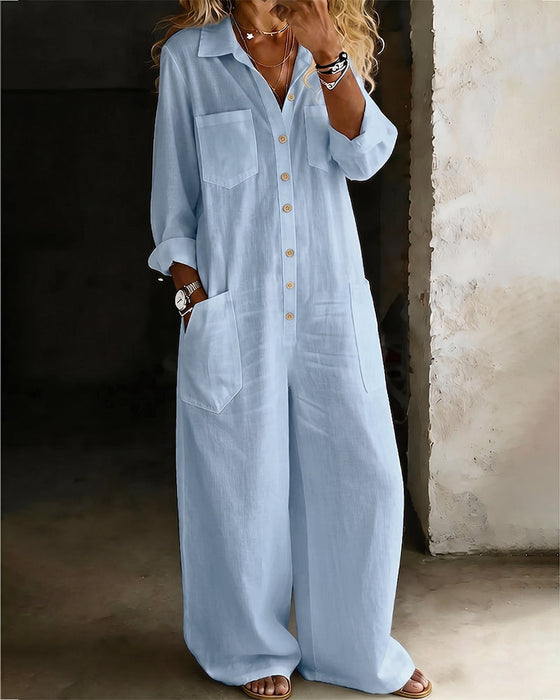 Jumpsuit 100% Baumwolle Reverskragen Casual Weites Bein