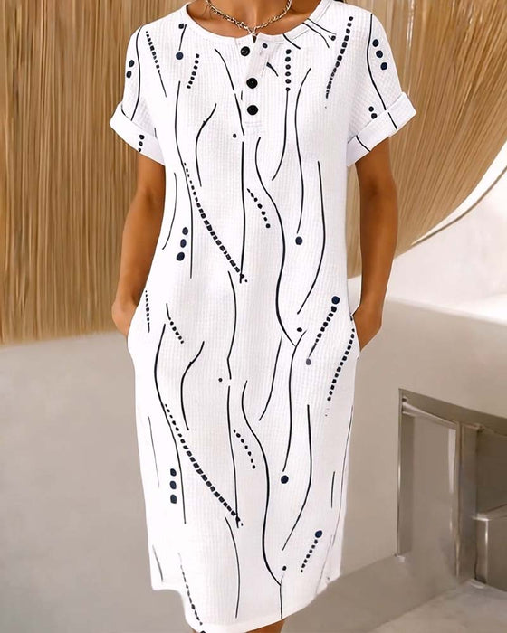 Kleid Rundhals Knopf Linie Waffel