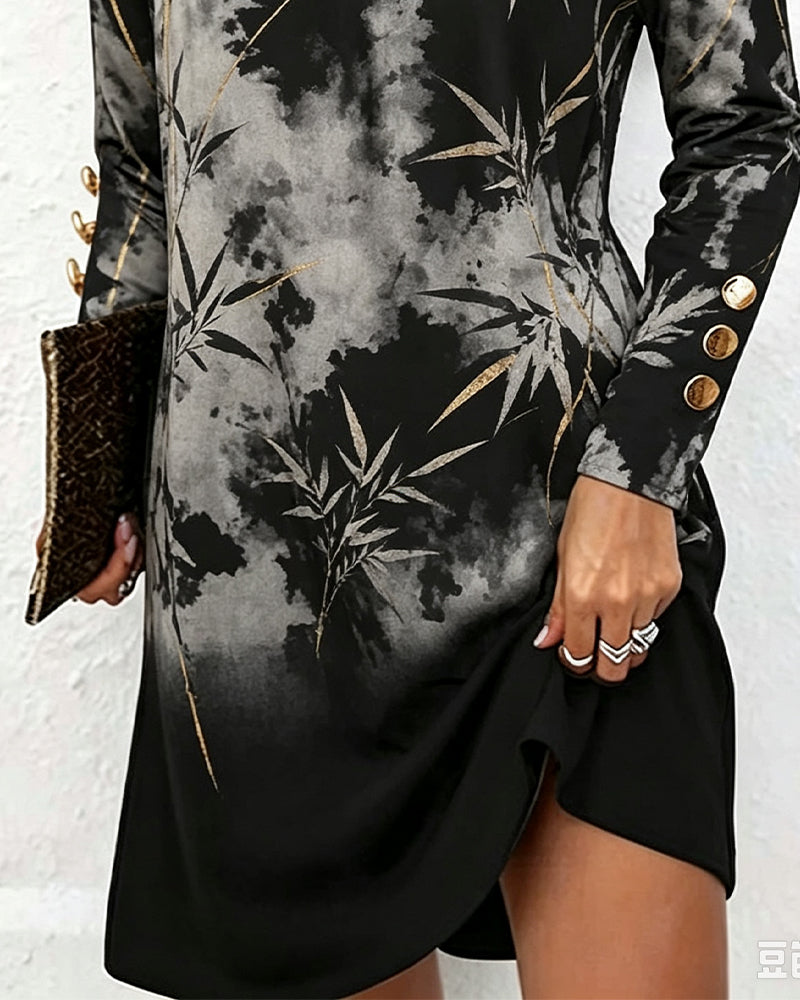 Kleid Ein-Schulter Tinte Bambus Blatt Druck