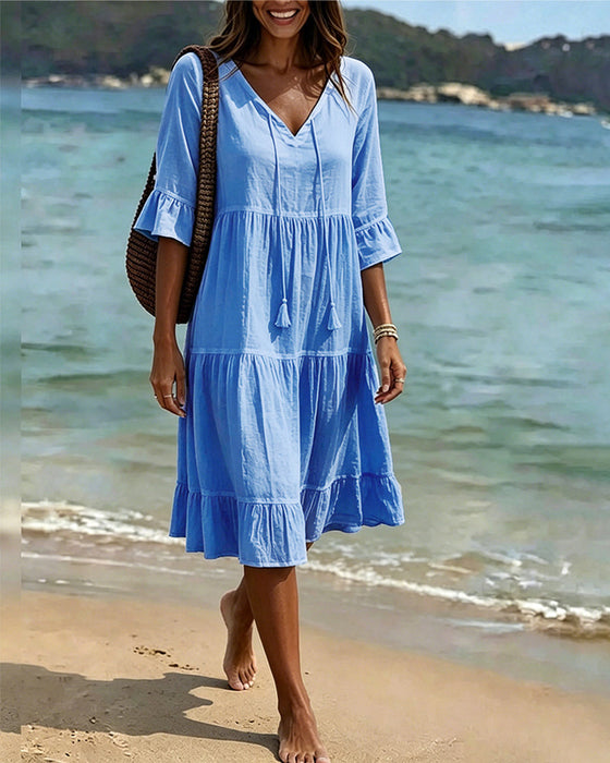 Kleid Ausgestellt Halbarm Bindegürtel