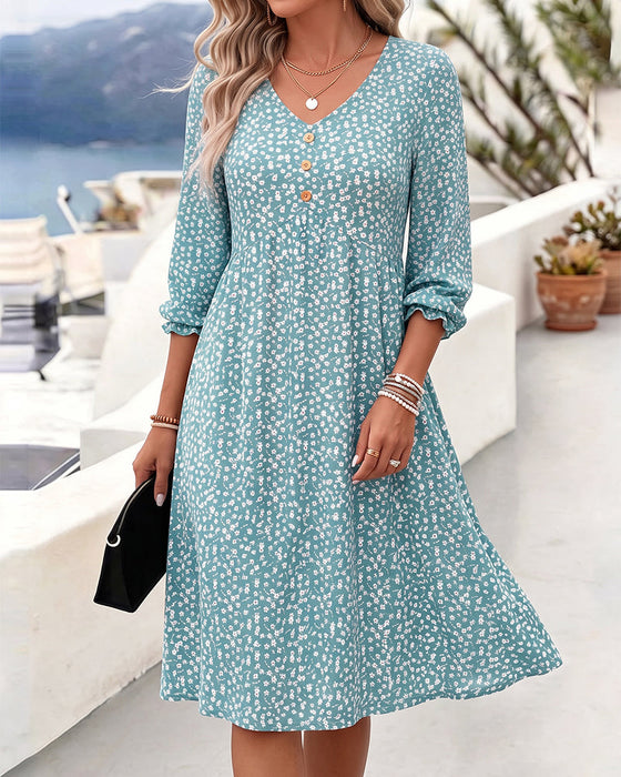 Kleid V-Ausschnitt Blumig Puffärmel A-Linie