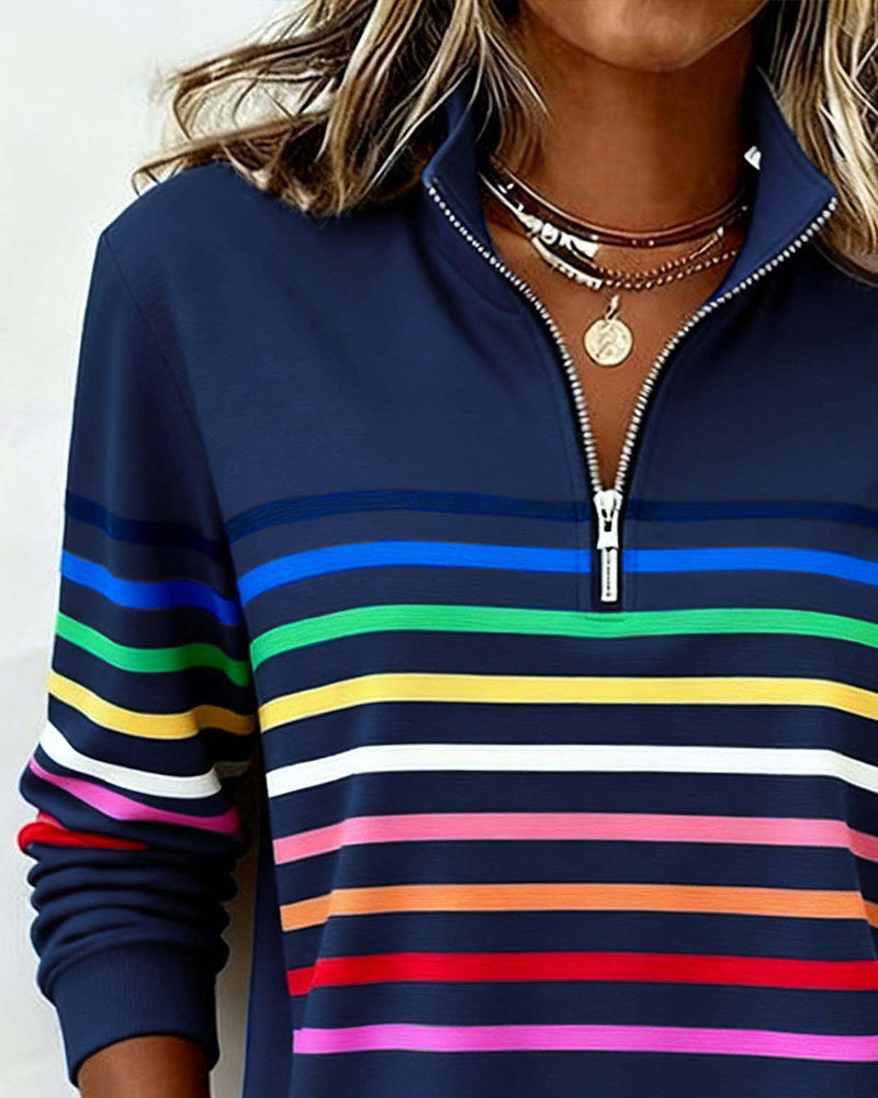 Modisches Sweatshirt Mit Halbem Reißverschluss Und Regenbogenstreifen