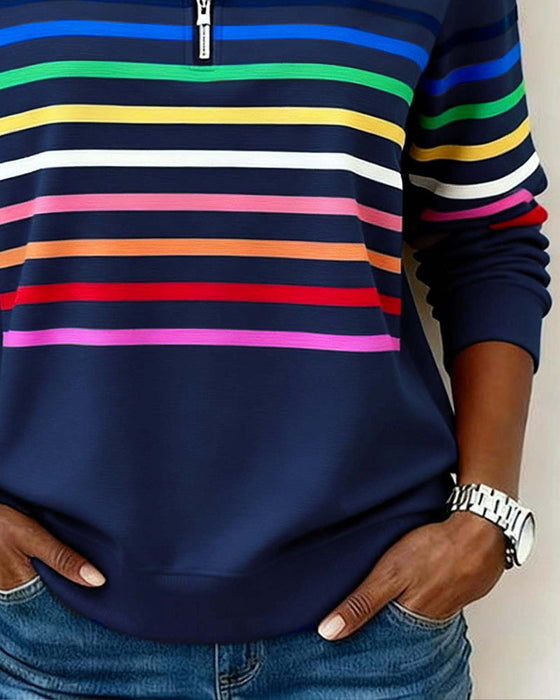 Modisches Sweatshirt Mit Halbem Reißverschluss Und Regenbogenstreifen