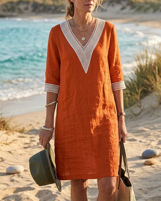 Kleid Dreiviertel Ärmel V-Ausschnitt Spitze Patchwork