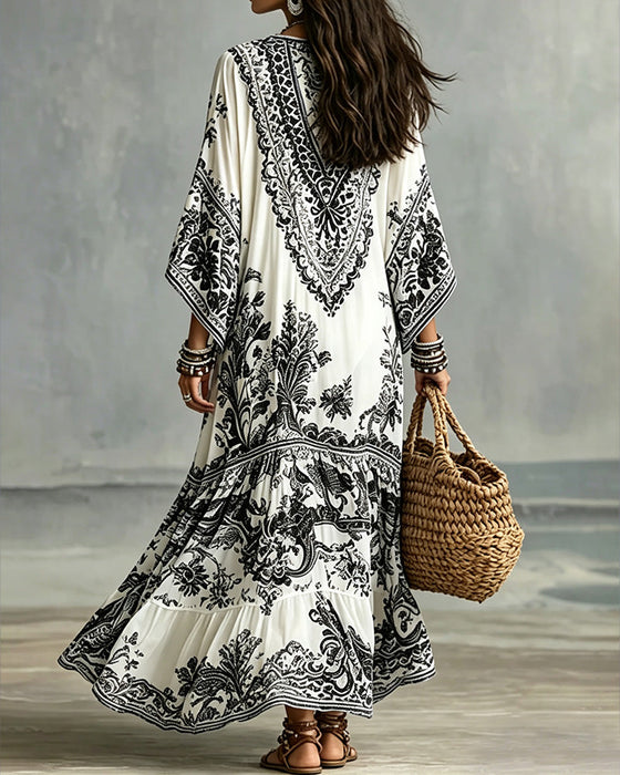 Kleid V-Ausschnitt Bohemian Ausgestellt Asymmetrisch
