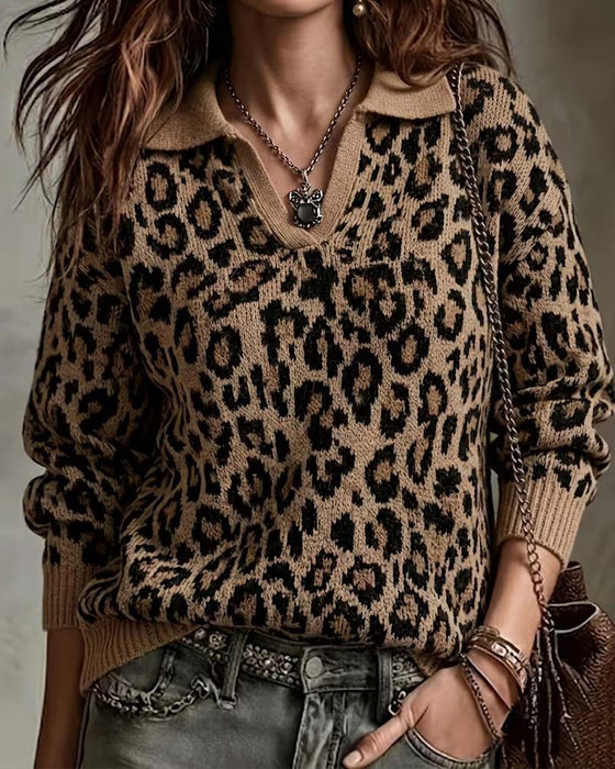 Pullover Revers Leopard V-Ausschnitt