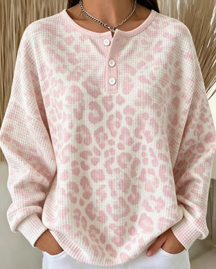 Sweatshirt Rund-Hals Knopf-Leiste Leopard Freizeit