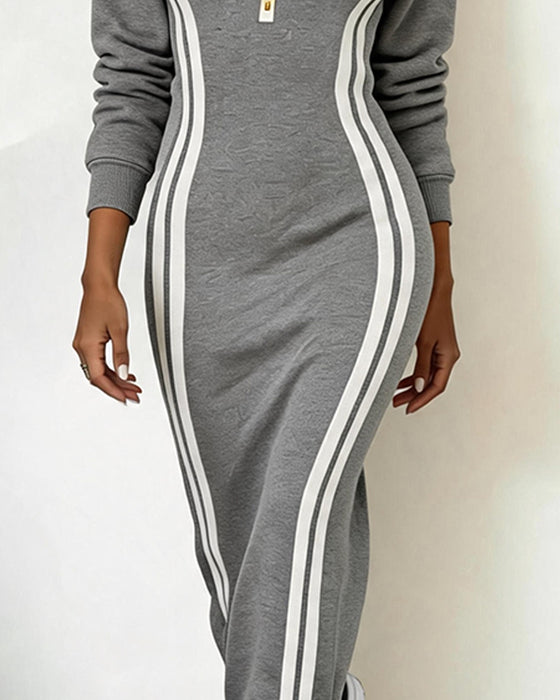 Kleid Revers Reißverschluss Gestreift Anliegend