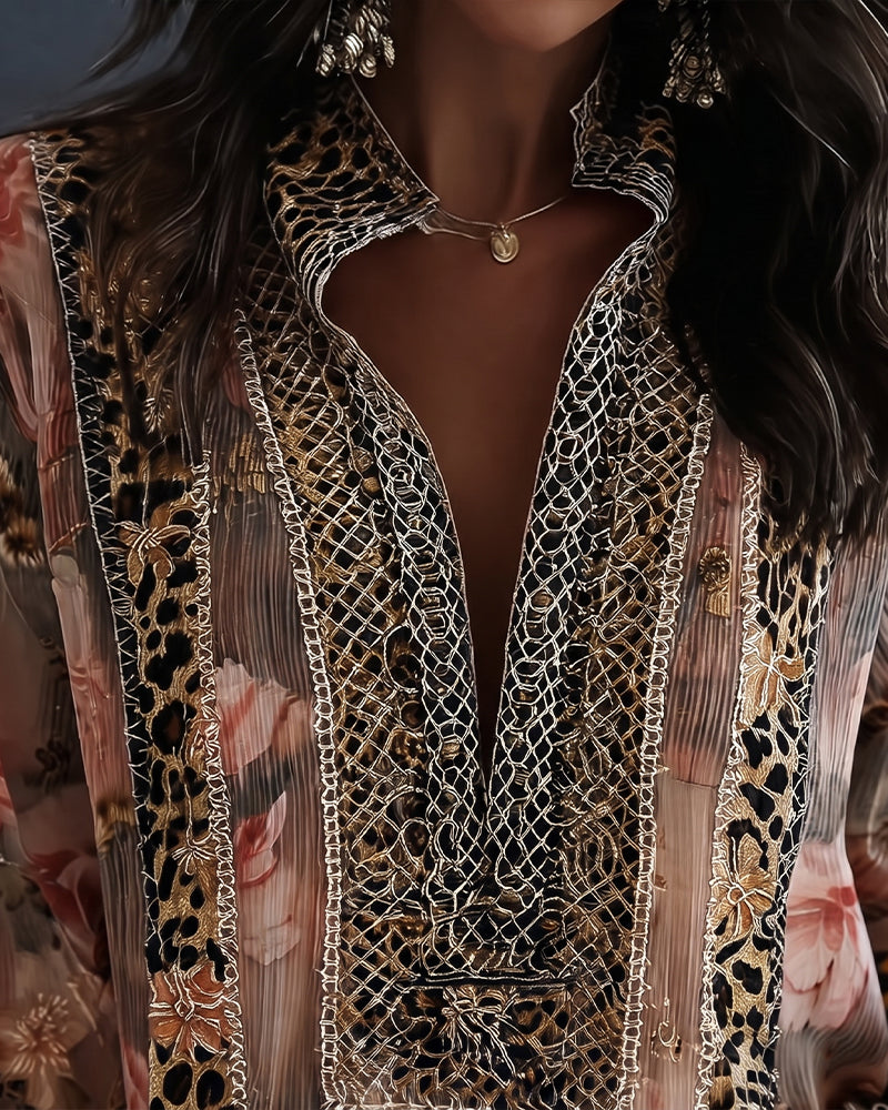 Bluse Blumig Leopard Langarm