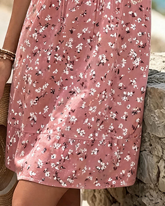Kleid Rundhals Ärmellos Blumig Plissiert