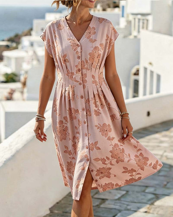 Kleid V-Ausschnitt Print Tailliert Knopfleiste
