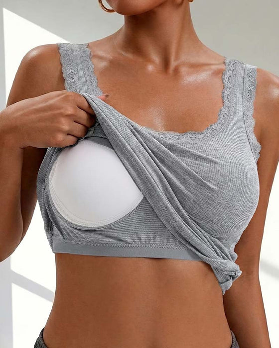 Tank Top Damen Lässig Spitze Besatz Gepolstert