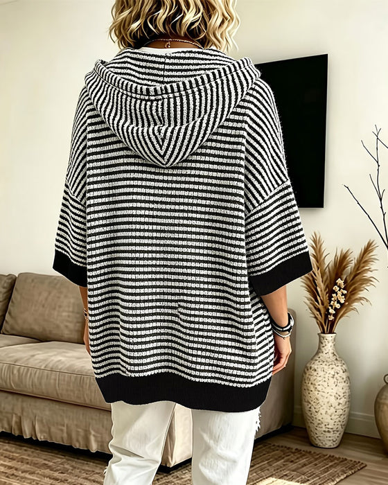 Pullover Gestreift Mit Kapuze Fledermausärmel