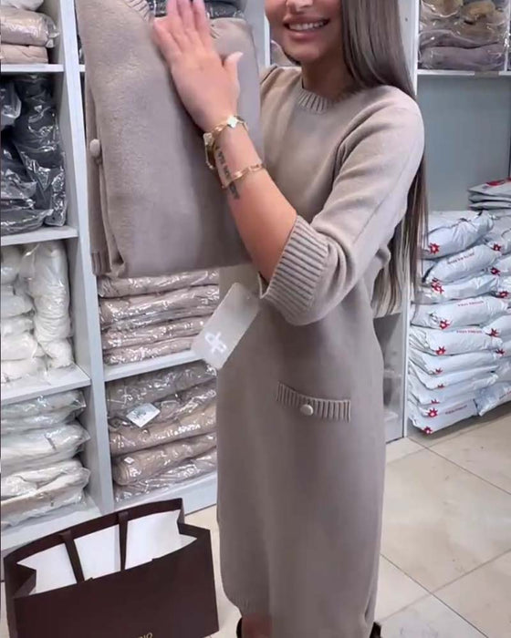 Pullover Kleid Rundhals Ellenbogenlang Ärmel
