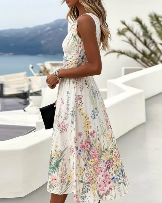Kleid Ärmellos Blumenprint Taillenbetonend