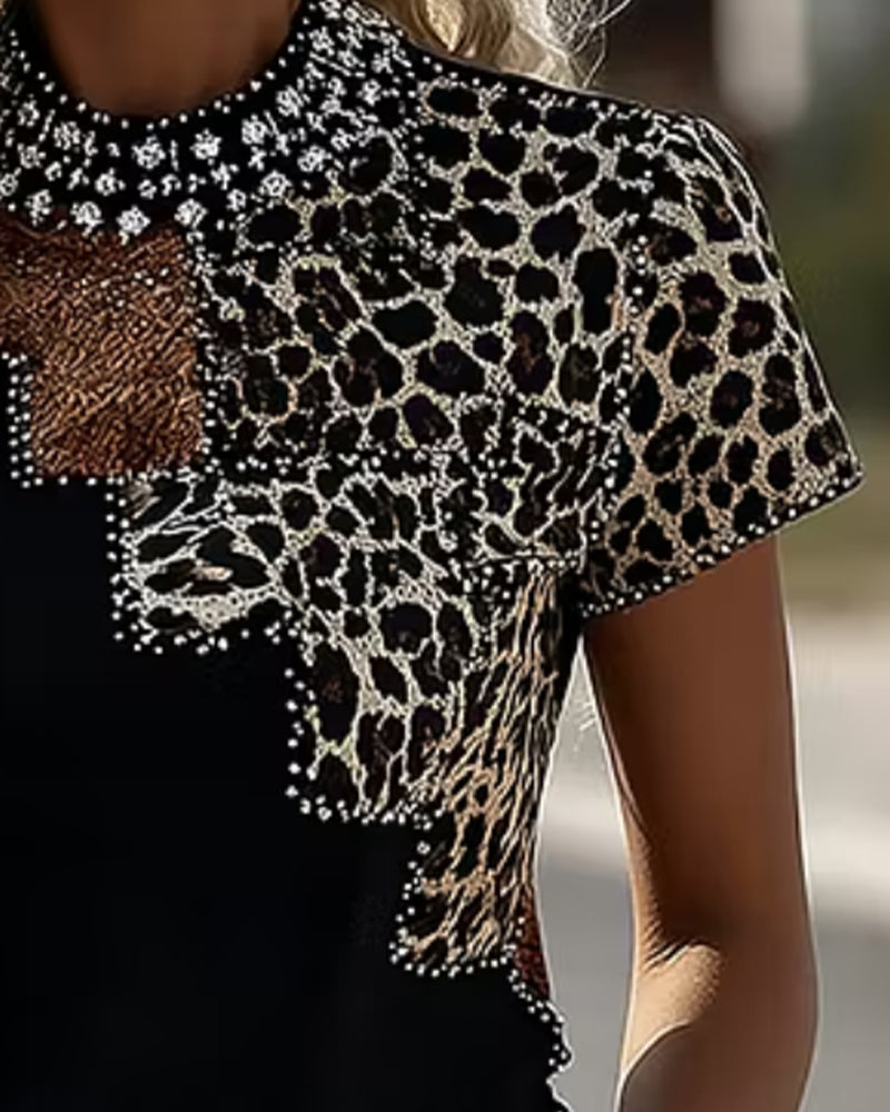 T-Shirt Leoparden-Patchwork Mockneck Kurzarm