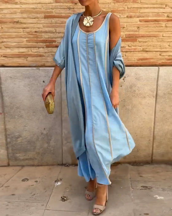 Gesetzt Gedruckt Rundhals Langkleid Casual Top Zwei Teile