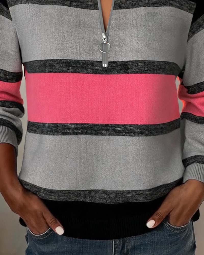 Sweatshirt Reißverschluss Gestreift Langarm