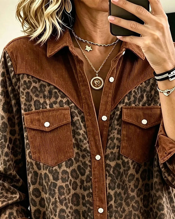 Hemd Revers Knopf Leopard Farbblock