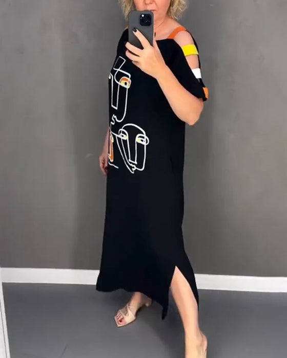 Kleid Schulterfrei Hohlauschnitt Druck Schlitz