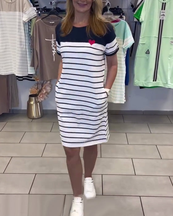 Kleid Rundhals-Ausschnitt Casual Gestreift