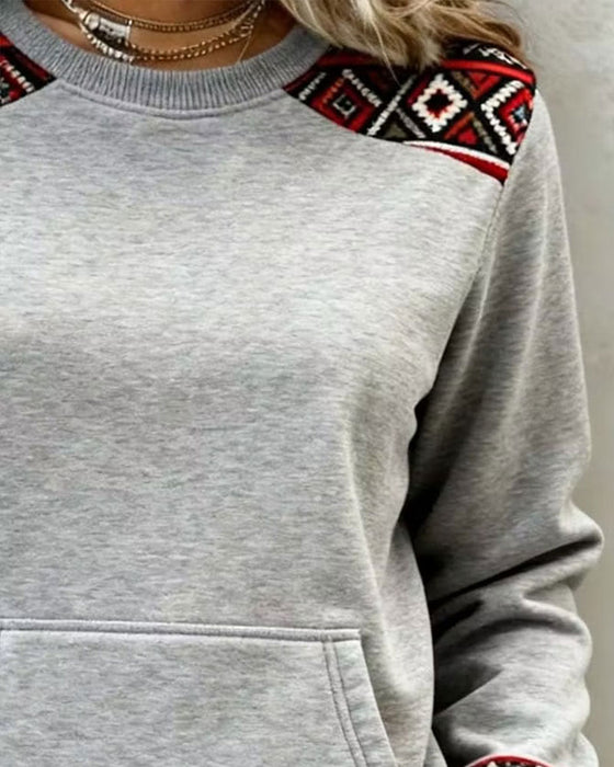 Sweatshirt Rundhals Argyle Farbblock Tasche