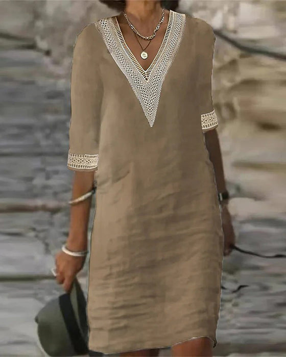 Kleid Dreiviertel Ärmel V-Ausschnitt Spitze Patchwork
