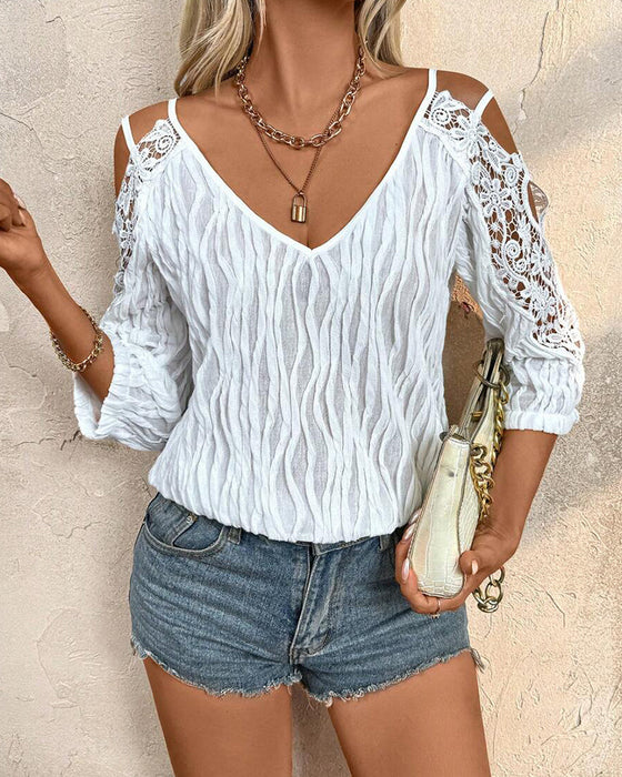 Bluse Spitze Off-Shoulder Gerafft Strukturiert