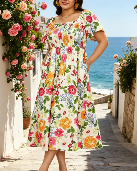 Kleid Quadratischer Ausschnitt Große Blume Midi