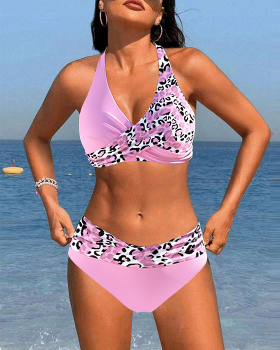 Neckholder-Bikini mit Leoparden-Patchwork-Print